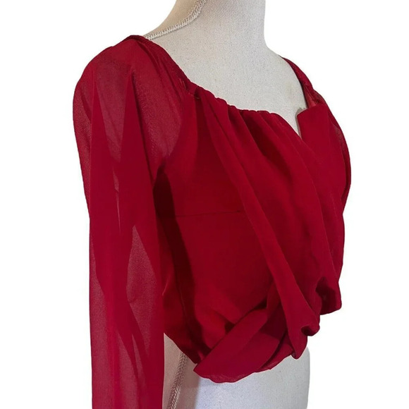 Windsor Cherry Red Blouse Pointed V Neck Chiffon Cropped Long Sleeves - Picture 5 of 6